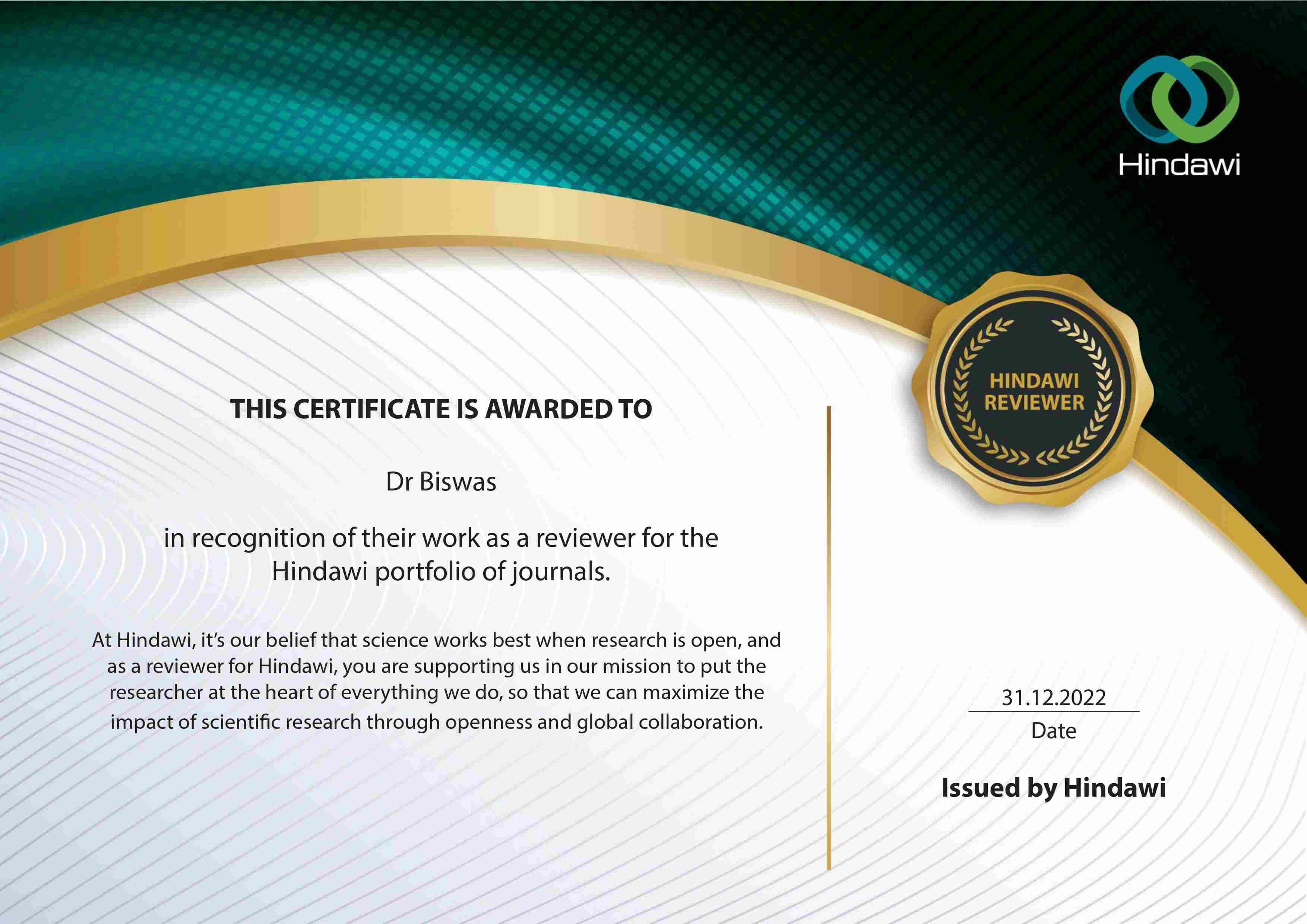 Niloy Biswas - Hindawi Reviewer Certificate